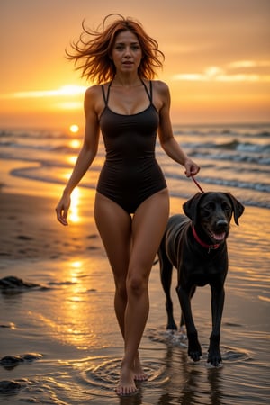 Lucía runs barefoot along the beach at sunset, wearing a tight black bikini with small red accents. Beside her, a black Labrador dog keeps pace, its shiny fur flowing with the wind. The ocean beside them reflects the last rays of the sun, as small waves reach the shore, splashing water droplets in their wake. The camera alternates between close-ups, where the sand is seen flying from their feet, and wider shots that capture the vastness of the beach bathed in the warm orange and pink hues of the sky. Every detail is captured with extreme precision, from the sparkle of the water to the freckles on Lucía's face.