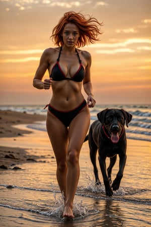 Lucía runs along the shoreline of a beach at sunset, wearing a tight black bikini with red accents. Beside her, a black Labrador dog runs in perfect harmony, both moving with synchronized energy. Her red hair flows in the wind, while small droplets of water and sand fly around as their feet strike the water's edge. The sky is painted in orange and pink hues of the sunset, gently illuminating the scene. The camera captures the motion in a medium shot with extreme focus on the details: water droplets sparkle in the sunlight, the texture of the wet sand is tangible, and the Labrador's fur appears to move with the wind, highlighting the energy and freedom of the moment.