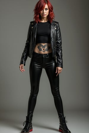 Lucia, a 28-year-old woman with deep red hair in a slightly wavy and tousled bob cut, stands full-length in a photo studio. Dressed in a metal look—black leather jacket, short-sleeved t-shirt, and tight pants—her black sneakers with red details complement her outfit. With intense emerald green eyes, she strikes a dynamic pose, one hand on her hip, the other raised to show her tribal tattoo of butterflies and flowers on her abdomen. The neutral studio background is softly lit, accentuating her athletic figure and hair shine. The elegant, powerful atmosphere highlights her rock style.