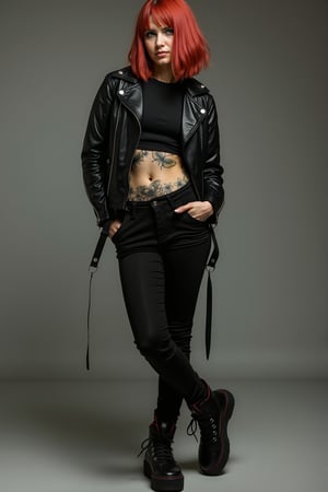 A full-body shot of Lucía, a 28-year-old woman with intense red bob-cut hair, standing in a photography studio. She wears a metal look: a black leather jacket over a short-sleeve black t-shirt, tight black pants, and black sneakers with red details. With bright emerald green eyes and an intense gaze, she strikes a dynamic pose, one hand on her hip and the other raised to reveal a tribal tattoo of butterflies and flowers on her abdomen. The neutral studio background is softly lit, highlighting her athletic figure and the shine of her hair. The atmosphere is elegant and powerful, emphasizing her rock style.