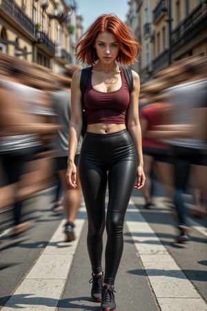 Lucía walks slowly down a busy avenue, her deep red bob-cut hair shining under the midday sun. Her intense emerald green eyes, full of frustration, scan the surroundings as people around her move at a surreal speed. She wears tight black pants, a maroon top that highlights her athletic build, and black sneakers with red details. A black backpack rests on her shoulders as city traffic and human figures rush by, creating a time distortion effect.