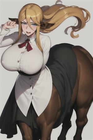 Centorea Shianus poses on a white background, highlighting its elegant posture.  Her human form radiates elegance with a white blouse that accentuates her impressive bust adorned with a bold red tie, while her piercing blue eyes shine with mischief.  A flowing black skirt swirls around her legs, evoking movement and freedom.  Meanwhile, her centaur form takes center stage, the rich brown of her horse body contrasting beautifully with the creamy tones of her skin.  as she proudly displays her half-human, half-horse physique.     Her blonde hair cascades down her back like a golden waterfall, The long ears raised on either side of her head frame her captivating presence,
  A flowing black skirt swirls around her legs, evoking movement and freedom.