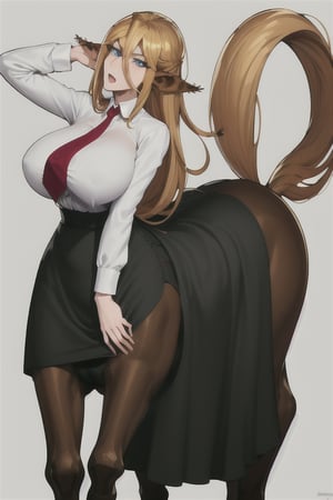 Centorea Shianus poses on a white background, highlighting its elegant posture.  Her human form radiates elegance with a white blouse that accentuates her impressive bust adorned with a bold red tie, while her piercing blue eyes shine with mischief.  A flowing black skirt swirls around her legs, evoking movement and freedom.  Meanwhile, her centaur form takes center stage, the rich brown of her horse body contrasting beautifully with the creamy tones of her skin.  as she proudly displays her half-human, half-horse physique.     Her blonde hair cascades down her back like a golden waterfall, The long ears raised on either side of her head frame her captivating presence,
  A flowing black skirt swirls around her legs, evoking movement and freedom.