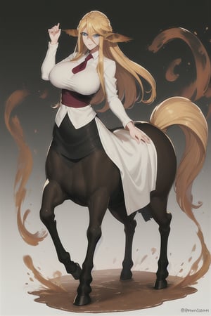 Centorea Shianus poses on a white background, highlighting its elegant posture.  Her human form radiates elegance with a white blouse that accentuates her impressive bust adorned with a bold red tie, while her piercing blue eyes shine with mischief.  A flowing black skirt swirls around her legs, evoking movement and freedom.  Meanwhile, her centaur form takes center stage, the rich brown of her horse body contrasting beautifully with the creamy tones of her skin.  as she proudly displays her half-human, half-horse physique.     Her blonde hair cascades down her back like a golden waterfall, The long ears raised on either side of her head frame her captivating presence,
  A flowing black skirt swirls around her legs, evoking movement and freedom.