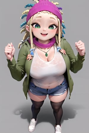 masterpiece, 1girl, cartoon, solo_female, simple background, highlighted lines, blonde hair, dreadlocks, locks dyed deep malachite green, deep cornflower blue and bright pink, moderate gamboge eyes, pale magenta lipstick, pink scarf to hold her hair and has a necklace with a stone pendant, sky blue t-shirt with white dove image, grayish lime green jacket with hood, denim shorts, long black stockings, sneakers dark purple and white, standing, happy, smile, Big boobs DonMG30T00n,zoe,MYLENE HAPRELE,Add more details,Enhance details,Eyes,perfecteyes eyes,Beautiful eyes,bbc-facial,AGGA_ST004