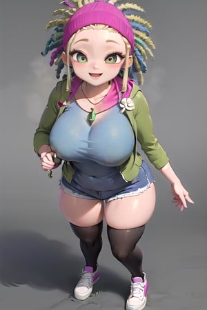 masterpiece, 1girl, cartoon, solo_female, simple background, highlighted lines, blonde hair, dreadlocks, locks dyed deep malachite green, deep cornflower blue and bright pink, moderate gamboge eyes, pale magenta lipstick, pink scarf to hold her hair and has a necklace with a stone pendant, sky blue t-shirt with white dove image, grayish lime green jacket with hood, denim shorts, long black stockings, sneakers dark purple and white, standing, happy, smile, Big boobs DonMG30T00n,zoe,MYLENE HAPRELE,Add more details,Enhance details,Eyes,perfecteyes eyes,Beautiful eyes,bbc-facial,AGGA_ST004