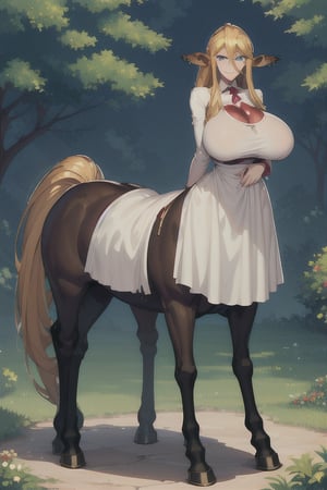 A warm smile illuminates Centorea Shianus's face as she stands confidently, her human form radiating elegance in a white blouse that accentuates her impressive bust. Her blonde hair cascades down her back like a golden waterfall, while her piercing blue eyes sparkle with mischief. Meanwhile, her centaur form takes center stage, the rich brown of her horse body contrasting beautifully with the creamy tones of her skin as she proudly showcases her half-human, half-horse physique.cartoon, animation