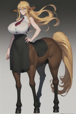 Centorea Shianus poses against a white background, her human form glowing with golden light as she confidently displays her striking features.     A soft smile spreads across her face, illuminating her piercing blue eyes and highlighting her elegant posture.     Her blonde hair cascades down her back, while her centaur-like body takes center stage, its rich brown tones contrasting beautifully with the creamy tones of her skin.     The long ears raised on either side of her head frame the captivating presence of her, cartoon, animation, 
  A crisp white sleeveless shirt hangs loosely across her upper torso, adorned with a bold red tie.   A flowing black skirt swirls around her legs, evoking movement and freedom.