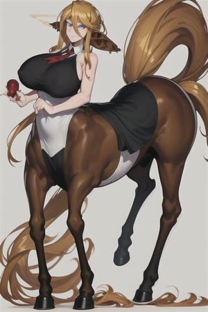 Centorea Shianus poses against a white background, her human form glowing with golden light as she confidently displays her striking features.   A soft smile spreads across her face, illuminating her piercing blue eyes and highlighting her elegant posture.   Her blonde hair cascades down her back, while her centaur-like body takes center stage, its rich brown tones contrasting beautifully with the creamy tones of her skin.   The long ears raised on either side of her head frame her captivating presence, as if she were ready to absorb every detail of this whimsical scene. cartoon, animation, 
A crisp white sleeveless shirt hangs loosely on her upper torso, adorned with a bold red tie. A flowing black skirt swirls around her legs, evoking movement and freedom.