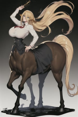 Centorea Shianus poses on a white background, highlighting its elegant posture.  Her human form radiates elegance with a white blouse that accentuates her impressive bust adorned with a bold red tie, while her piercing blue eyes shine with mischief.  A flowing black skirt swirls around her legs, evoking movement and freedom.  Meanwhile, her centaur form takes center stage, the rich brown of her horse body contrasting beautifully with the creamy tones of her skin.  as she proudly displays her half-human, half-horse physique.     Her blonde hair cascades down her back like a golden waterfall, The long ears raised on either side of her head frame her captivating presence,
  A flowing black skirt swirls around her legs, evoking movement and freedom.