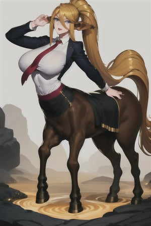 Centorea Shianus poses on a white background, highlighting its elegant posture.  Her human form radiates elegance with a white blouse that accentuates her impressive bust adorned with a bold red tie, while her piercing blue eyes shine with mischief.  A flowing black skirt swirls around her legs, evoking movement and freedom.  Meanwhile, her centaur form takes center stage, the rich brown of her horse body contrasting beautifully with the creamy tones of her skin.  as she proudly displays her half-human, half-horse physique.     Her blonde hair cascades down her back like a golden waterfall, The long ears raised on either side of her head frame her captivating presence,
  A flowing black skirt swirls around her legs, evoking movement and freedom.