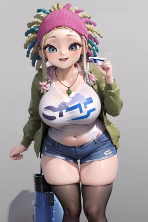 masterpiece, 1girl, cartoon, solo_female, simple background, highlighted lines, blonde hair, dreadlocks, locks dyed deep malachite green, deep cornflower blue and bright pink, moderate gamboge eyes, pale magenta lipstick, pink scarf to hold her hair and has a necklace with a stone pendant, sky blue t-shirt with white dove image, grayish lime green jacket with hood, denim shorts, long black stockings, sneakers dark purple and white, standing, happy, smile, Big boobs DonMG30T00n,zoe,MYLENE HAPRELE,Add more details,Enhance details,Eyes,perfecteyes eyes,Beautiful eyes,bbc-facial,AGGA_ST004