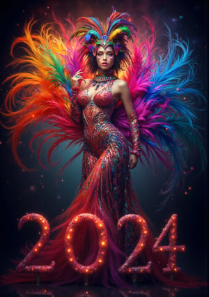 full body mujer carnaval ultra realista  un texto de forma real corpórea, u el texto dice "El Impacto2024" sa plumas  de carnaval colores llamativos vibrantes de fondo plumas de carnaval ultra realista con un humo de muchos colores efecto como de nube, al texto lo envuelve una energía mística el fondo decorado por diseños realísticos con detalles nítidos, imagen fotográfica de 16k formato raw ,Midjourney_Whisper,AngelDreamFlux