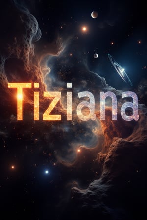 un texto en el centro que dice "Tiziana " texto fusionado  con el fondo en  letras corporeas en 3d y  perpespectivas luces y sombras detalles nitidos ultra realista 8k raw estilo cinematografico (imagen de fondo humo neblina estelar en el espacio exterior planetas asombrosos y grandes de fondo colores del universo estelas radiantes) 
camara profesional 8k, imagen hiper realista, detalles nitido, textura a detalle de piel, formato .raw,photorealistic,noc-space,detailed skin pore style