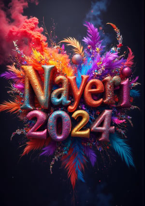 ultra ralista crea un texto de forma real corpórea, usa plumas  de carnaval colores llamativos vibrantes el texto dice "Nayeri 2024" de fondo plumas de carnaval ultra realista con un humo de muchos colores efecto como de nube, al texto lo envuelve una energía mística el fondo decorado por diseños realísticos con detalles nítidos, imagen fotográfica de 16k formato raw ,Midjourney_Whisper,AngelDreamFlux