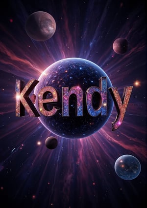 imagen planetas de alta definicion planetas de un texto cosmico en el centro que dice "Kendy" texto fusionado  con el fondo en  letras corporeas en 3d y  perpespectivas luces cosmicas y sombras detalles nitidos ultra realista 8k raw estilo cinematografico (imagen de fondo humo neblina estelar en el espacio exterior planetas asombrosos y grandes de fondo colores del universo estelas radiantes) nitido luces estelares de galaxyas
camara profesional 8k, imagen hiper realista, detalles nitido, textura a detalle de piel, formato .raw,photorealistic,noc-space,detailed skin pore style,cyberNature