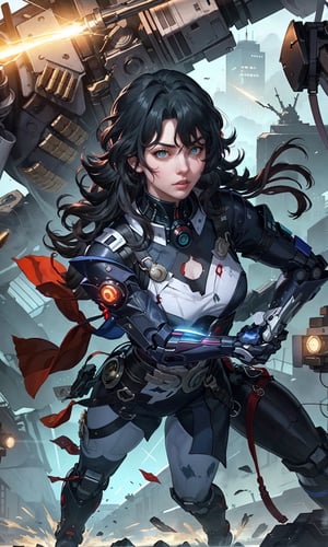 HSRstyle,1girl with wavy hair, glowing eyes in white mecha suit holding samurai sword and gun, emphasizing curves and lighting, cinematic art, 4k resolution, combining samurai outfit with mecha, detailed digital painting, dynamic lighting by Greg Rutkowsky, futuristic cyberpunk background, masterpiece artwork