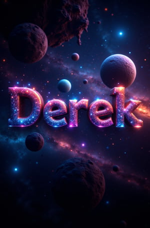 genera un texto que dice "Derek" texto rodeado de planetas y por estellas cosmicasde  colores vibrantes vividos con el fondo en  letras corporeas en 3d y  perpespectivas luces y sombras detalles nitidos ultra realista 8k raw estilo cinematografico (imagen de fondo humo neblina estelar en el espacio exterior planetas asombrosos y grandes de fondo colores del universo estelas radiantes) 
camara profesional 8k, imagen hiper realista, detalles nitido, textura a detalle de piel, formato .raw,photorealistic,noc-space,detailed skin pore style