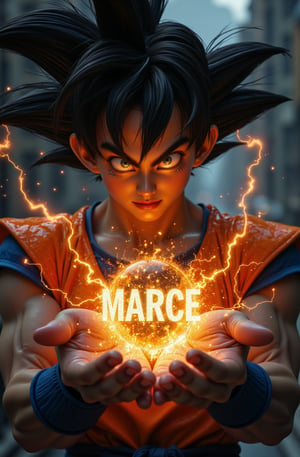 foto ultra realista de Super Goku 4 en su mano un texto que dice "MARCE" suspendido entre sus manos de fondo energia estelar cosmica rayos y centellas, electrico amarillo, goku fase 3, 32k raw
camara profesional 8k, imagen hiper realista, detalles nitido, textura a detalle de piel, formato .raw,photorealistic
PHOTO REALISTC. 32K RAW. 
