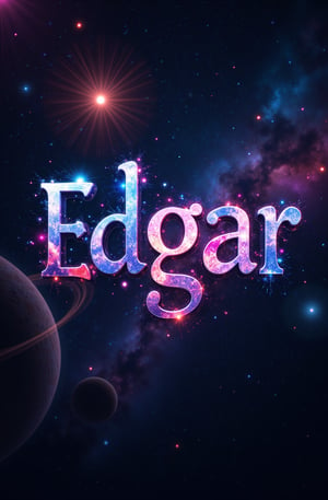 genera un texto que dice "Edgar" texto rodeado de planetas y por estellas cosmicasde  colores vibrantes vividos con el fondo en  letras corporeas en 3d y  perpespectivas luces y sombras detalles nitidos ultra realista 8k raw estilo cinematografico (imagen de fondo humo neblina estelar en el espacio exterior planetas asombrosos y grandes de fondo colores del universo estelas radiantes) 
camara profesional 8k, imagen hiper realista, detalles nitido, textura a detalle de piel, formato .raw,photorealistic,noc-space,detailed skin pore style