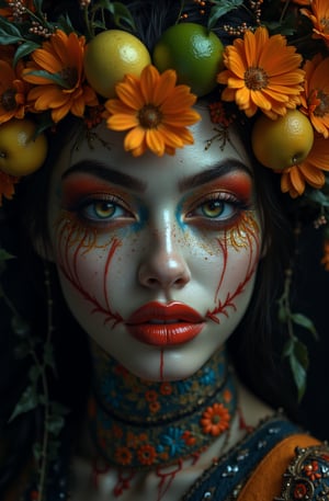 rostro de catrina
En combinacion decorado con limones verdes y amarillos
camara profesional 8k, imagen hiper realista, detalles nitido, textura a detalle de piel, formato .raw,photorealistic,SSJ1,BASE,detailed skin pore style,Midjourney_Whisper
camara profesional 8k, imagen hiper realista, detalles nitido, textura a detalle de piel, formato .raw,photorealistic
PHOTO REALISTC. 32K RAW. 
