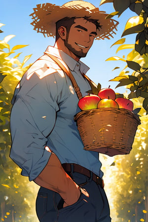 1man, male, male focus, solo, matured, grown, manly, adult man, muscular, muscular male, clean face, handsome, short hair, brown hair, natural man haircut, farmer, white shirt, blue jeans, [straw hat], [holding a basket of apples], looking at viewer, masterpiece, highres, portrait, highly detailed, head to waist crop, 8k, apple orchard