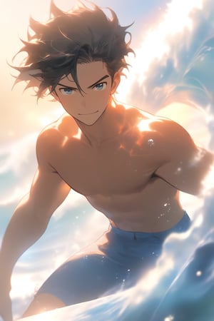 1boy, male, male focus, (((solo))), muscular body, (((clean face))), handsome, [(black hair, natural)], [(((topless)))], (((blue shorts))), (((surfer))), (competitive smile), light bokeh, highres, portrait, best quality, (((dynamic shot))), [(((natural surfing stance)))], depth of the field, 4k, 8k, (((A young man stands atop a surfboard, bravely riding the waves of the ocean. His expression is of absolute concentration, his gaze focused on the horizon. The sun is shining brightly in the sky, creating a bright glare on the surface of the water. The man's arms are outstretched, balancing himself on the surfboard as he rides the wave. He has a determined look on his face, a look of excitement and joy. He is living in the moment, and taking in the beauty of the nature around him.)))
