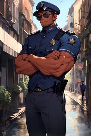 1man, male, male focus, solo, matured, grown, manly, adult man, muscular, muscular male, ((tan skin)), ((clean face)), handsome, short hair, buzzcut hairstyle, sunglasses, police, (((blue uniform with short sleeves))), ((blue police hat)), ((black pants)), grumpy face, arms crossed, looking at viewer, standing straight, masterpiece, highres, portrait, highly detailed, head to waist crop, 8k, night time
