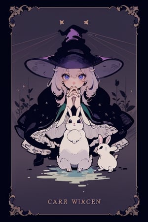 girl caressing a rabbit, dressed as a witch near a river, crouching caressing the rabbit, pastel colors, purple colors, blue colors, green colors, shading, gray scale, hand drawn,