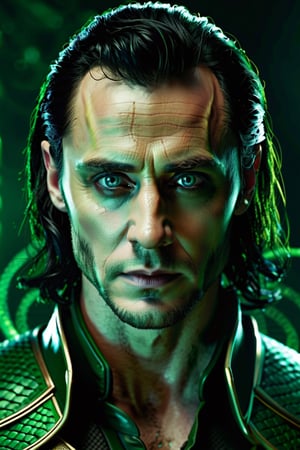 Loki looking straight ahead in the most terrifying way, shadows and snakes around, portrait style, green eyes, green haze, realistic, 4k, 3d, details, shadows, cinematic moviemaker style