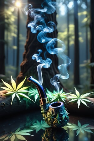 marijuana pipe, portrait, ultra realistic, 4k, super detailed, super details, reflections, blurred forest background,more detail XL,Blue Backlight