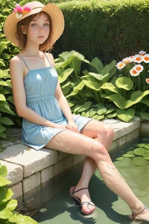 girl in short dress and sandals,
in garden water.
 
