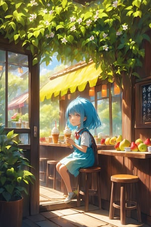 A girl. Ice cream. A coffee shop and ice cream with a spot of reflection. Special frappe, decorations, piles of fruit, looks delicious. Looks so delicious. Chewy and enchanting. Artistic glass containers. A quiet coffee shop facing a beautiful flower garden.

As the warmth of the summer sun beat down, 10-year-old Sakura was thrilled for her weekly treat - an afternoon out with Obaa-chan at the quaint little cafe nestled amongst the blossom trees. The rustic wooden walls were covered in flowering vines, their sweet scent wafting on the breeze. Colorful hangings and artwork filled any spaces not overflowing with blooms.

It was here that Obaa-chan always treated Sakura to the cafe's specialty - a towering glass of their 'Rainbow Reviver' frappe. Vibrant flavors of berries, mangoes and coconut were artistically layered in spirals, sure to lift any mood. Today, Sakura had also chosen a fresh fruit sundae, piled high with peaches, strawberries and kiwi atop creamy vanilla.

As always, the first bite was heavenly. Sweet juices burst across her tongue as soft fruits melted in her mouth. Laughter and chatter drifted out from the open windows, mingling with birdsong in the branches above. All around, other patrons enjoyed treats as deliciously. Behind the counter, the baristas worked diligently to create more masterpieces.

Once sated, Sakura and Obaa-chan relaxed with cool drinks, watching puffy clouds drift by. "Thank you for bringing me here every week," Sakura said, leaning into her grandmother's side with a contented sigh. Obaa-chan smiled, patting her head gently. "Anytime. A place with such happy memories is one worth returning to." Sakura smiled back, gaze drifting to the blooms. She couldn't agree more.
