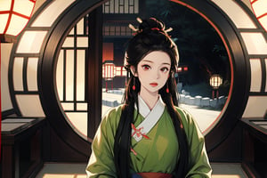 In ancient China, two female dressed light red and green is standing before a arch door,Chinese Clothes,Chinese style,a male standing before them,nezuko