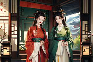 In ancient China, two female dressed light red and green is standing before a arch door,Chinese Clothes,Chinese style,a male standing before them