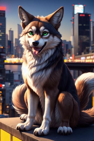 ((masterpiece, best quality:1.4)), bokeh, fluffy, 3d,
solo, looking at viewer, feral, wolf, full body, sitting, tongue out, smile, open mouth, 
light brown fur, green eyes,
long tail,
tokyo \(city\), city, city lights, night,