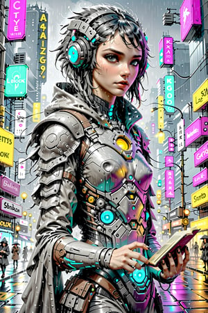 (masterpiece:1.2), (best quality:1.2), (extremely detailed:1.2), (photorealistic:1.1), (extremely detailed face), (ultra detailed),(1girl),computer,rain,cyberpunk style,city,
On a rainy night, an elven girl walks through the streets of a cyberpunk-style city within a virtual reality game, holding a magic book. It's evident that she is immersed in a virtual reality game.,SelectiveColorStyle,LegendDarkFantasy