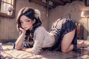 Full body photo of a Chinese beauty with charming eyes, affectionate and gorgeous, (having sex with a man , on floor), she was photographed wearing a modified light-weight ,Year 1500 fragrant flower-colored jacket, three-piece gold-edged pick-string hidden pleated skirt ,having sex