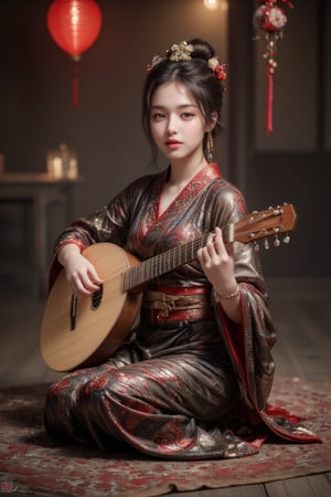 A young woman in a beautiful red and black kimono sits on a wooden floor, playing a lute. She is surrounded by red lanterns and traditional Chinese decor, creating a serene and elegant atmosphere. Her expression is peaceful and focused, as if she is lost in the music. [Anime style digital painting, inspired by the works of  Yoshitaka Amano and  Ayami Kojima], [Warm, soft light, focus on the woman's face and her hands playing the lute, blurred background with a sense of depth, textured surfaces, a sense of peace and tranquility].