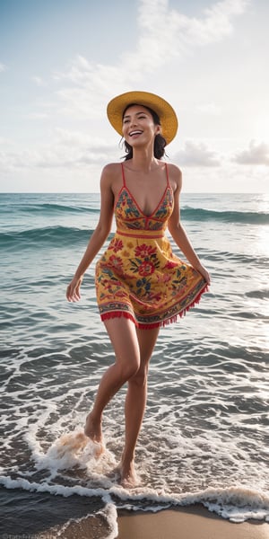 At the edge of the beach, where the waves gently crash upon the shore, a young girl adorned in captivating vintage Mexican-inspired attire delights in playing in the water. She wears a vibrant, embroidered sundress with intricate floral patterns and lace trim. The dress boasts a colorful palette of reds, yellows, blues, and greens, radiating the richness and diversity of Mexican culture.

Her hair is styled into an elaborate updo adorned with flowers and colorful feather accents. She dons a wide-brimmed straw hat adorned with embroidery and tassels, adding a touch of fashion and uniqueness to her ensemble.

The barefoot girl frolics along the sandy beach, joyfully embracing each wave that rolls in. She playfully dances with the sea, occasionally leaping to evade a particularly large splash before swiftly returning to the water. Her sun-kissed skin glows as it basks in the sunlight.

In her hands, she holds a vibrant Mexican embroidered beach towel, tossing it into the air and catching it again. She spins, jumps, and dances with boundless energy, as if moving in sync with the ocean breeze and crashing waves.

Her laughter echoes along the shoreline, capturing the attention of other beachgoers. With confidence, she proudly showcases her unique style and personality, showcasing the beauty and charm of Mexico to the world.

As the sun starts to set, painting the sky with hues of orange and red, the girl walks towards the water's edge, crouching down to gently touch the sea. She feels the subtle rise and fall of the waves, as if merging her spirit with the natural world.

In this moment of playing by the beach, the vintage Mexican-inspired girl embodies a spirit of freedom, vitality, and independence. She becomes a captivating sight, blending the beauty of Mexican culture with the enchantment of the ocean, leaving behind lasting and cherished memories.