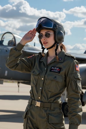 Beautiful young woman wearing an air force uniform, combat pilot helmet on, sunglasses, half-body portrait, saluting with her right hand, background of a parked fighter jet, blue sky with white clouds, warm sunlight, best anatomy, epic, cinematic, digital art, 4k, ultra high definition