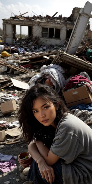 In a dim corner, amidst the ruins of a dilapidated old house, a destitute woman finds herself sheltering among a pile of rubble. Her tattered clothes, disheveled hair, and emaciated figure bear witness to the hardships and suffering she endures in this abandoned place. 

The crumbling roof has collapsed, scattering debris and shards around her. She huddles within a heap of worn-out garments and cardboard boxes, seeking a semblance of warmth and cover in this woeful environment. The scene silently speaks of the presence of society's dark underbelly. 

There is no illumination here, only indifference and callousness. Passersby hurriedly avert their gaze, seemingly oblivious to this unsettling sight, as if the existence of this homeless woman holds no significance. Her presence vividly embodies the injustices and wealth disparities within society, serving as a grim reminder that many individuals are forgotten and marginalized in this modern world. 

This scene highlights some heartbreaking realities of our society, urging us to acknowledge and confront these issues. It stirs contemplation on poverty, homelessness, and social inequality, hoping to awaken empathy and inspire collective efforts in creating a fairer and more inclusive society.