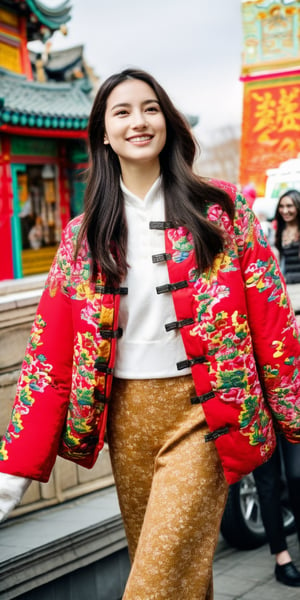 A Chinese model dons a Western-style suit jacket adorned with traditional Northeast Chinese floral patterns and walks the streets of Moscow, showcasing Chinese culture.

As the model walks through the bustling streets of Moscow, the vibrant colors and intricate designs of the suit jacket immediately catch the attention of passersby. The combination of East and West in the outfit creates a unique and captivating fusion of cultures.

The suit jacket, embellished with traditional Northeast Chinese large floral patterns, represents the rich heritage and artistic traditions of China. The intricate details and vivid colors of the embroidery highlight the craftsmanship and attention to detail that are characteristic of Chinese culture.

As the model confidently struts along the streets, the outfit becomes a visual representation of the beauty and diversity of Chinese traditions. The blend of the Western-style suit with the traditional Chinese patterns serves as a bridge between different cultures, inviting onlookers to appreciate the unique fusion of modernity and tradition.

Curious spectators stop to admire the ensemble, drawn to the striking combination of East and West. They are captivated by the model's elegance and the story behind the garment, sparking conversations about Chinese culture and its influence on the global fashion scene.

The model's presence exudes grace and confidence, embodying the spirit of cultural exchange and celebration. Their walk serves as a vibrant display of cultural pride, encouraging mutual understanding and appreciation between China and Russia.

As the model continues their journey through the streets of Moscow, their attire becomes a visual narrative, inviting others to explore and embrace the beauty of Chinese traditions. The outfit serves as a reminder of the interconnectedness of cultures and the power of fashion to transcend borders.

By showcasing Chinese culture through the fusion of traditional patterns with Western fashion, the Chinese model walking the streets of Moscow in a suit jacket adorned with Northeast Chinese floral designs becomes an ambassador of cultural exchange, fostering appreciation and admiration for China's rich heritage.,northeast big flower jacket