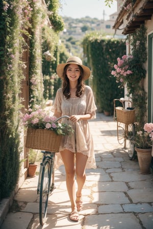 At the entrance of a Mediterranean cottage adorned with vibrant flowers, a young girl stands ready to embark on an adventure, gently pushing her bicycle forward.

The cottage, nestled in the midst of a blossoming garden, emanates a charming and inviting aura. Its whitewashed walls are adorned with cascading bougainvillea, their vivid hues creating a picturesque backdrop for the scene. The air is filled with the sweet fragrance of blooming flowers, adding to the idyllic atmosphere.

With a smile on her face, the girl takes hold of the bicycle's handlebars, her excitement palpable. The bicycle, a faithful companion for her explorations, stands ready for the journey ahead. Its frame, painted in a cheerful color, reflects the girl's vibrant spirit and zest for life.

Dressed in casual attire suitable for her outdoor escapades, the girl exudes an air of youthful energy and freedom. Her attire, perhaps adorned with a sun hat and comfortable shoes, signifies her readiness to embrace the open road and the wonders that lie beyond.

As she prepares to set off, the girl takes a moment to soak in the beauty of her surroundings. The colorful flowers that frame the cottage entrance seem to bid her farewell, their petals dancing in the gentle breeze. The sun casts a warm glow, illuminating her path and filling her heart with anticipation for the adventures that await.

With a final push, the girl propels herself forward, her bicycle gliding effortlessly along the Mediterranean landscape. The wind tousles her hair as she embarks on a journey filled with discovery, joy, and the sheer delight of exploring the world around her.

In this tranquil Mediterranean setting, the young girl's presence brings a touch of innocence and wonder. Against the backdrop of the flower-filled cottage and the promise of the open road, her bicycle becomes a symbol of freedom and the limitless possibilities that lie ahead.