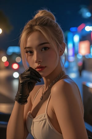 A stunning 18-year-old girl with blonde hair tied up in a sleek bun, showcasing her pale skin and beautiful features. She strikes a dynamic pose, exuding confidence as she gazes directly at the camera with a cheeky smile. Her skimpy modern outfit consists of a white square strap top, black gloves, short chain necklace, and bracelet, drawing attention to her toned physique. Against the vibrant cityscape at night, the streetlights casting a warm glow on her radiant face and the stars twinkling in the night sky. Her hand rests casually on her chin, conveying a sense of self-assurance as she owns the scene.