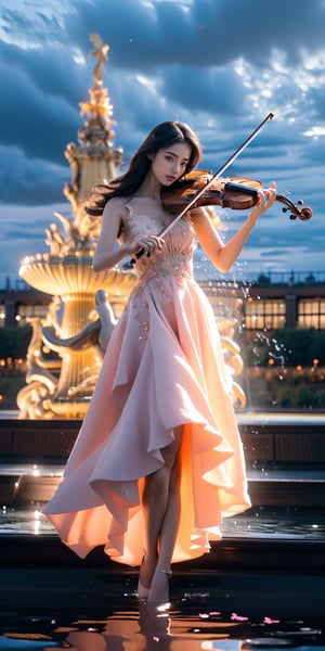In a grand display of extravagance, a modern violin virtuoso takes center stage outdoors, adorned in a magnificent gown fit for royalty. The setting is a lavish plaza adorned with a colossal and opulent fountain, serving as a backdrop for the performance.

The violinist, a star in her own right, exudes charisma and confidence as she raises her bow, ready to captivate the audience with her musical prowess. Her gown, intricately designed with shimmering fabrics and intricate embroidery, accentuates her graceful figure and adds an air of sophistication to the scene.

As the music begins, the violinist's nimble fingers dance across the strings, effortlessly eliciting a range of emotions from her instrument. The melodies soar through the air, blending with the sounds of splashing water from the fountain, creating a symphony of sight and sound.

The audience, spellbound by the virtuoso's performance, gathers around the grand fountain, their eyes fixed on the mesmerizing display. People from all walks of life are drawn to the spectacle, their faces reflecting a mix of admiration, awe, and joy.

The atmosphere is electric, the music resonating with the surroundings, filling the plaza with an undeniable sense of grandeur. The violinist's performance is a masterful blend of technical brilliance and heartfelt expression, captivating the hearts of all who listen.

As the final notes reverberate through the air, the applause erupts, echoing through the plaza. The violinist takes a bow, her radiant smile shining in the glow of the setting sun. The audience showers her with admiration and adoration, acknowledging her remarkable talent and the unforgettable experience she has shared.

In this extraordinary moment, the fusion of the violinist's exquisite attire, the majestic fountain, and her soul-stirring performance creates an ambiance of unparalleled grandiosity and splendor. It is a testament to the power of music to transcend boundaries and touch the hearts of people from every corner of the world.