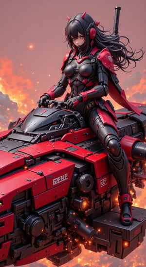 This striking image presents a captivating fusion of human and machine. The central figure, a powerful female warrior, is outfitted in a sleek, high-tech suit of black armor that seamlessly integrates with the imposing, crimson-hued vehicle she straddles. Her posture exudes a commanding presence, with her gloved hands firmly gripping the vehicle's controls. The warrior's facial features are partially obscured by her protective headgear, adding an air of mystery and intensity to the scene. The vehicle itself is a marvel of industrial design, with angular, aerodynamic lines and an array of advanced-looking components and thrusters. The overall effect is one of unbridled power and technological prowess, creating a dynamic and visually stunning composition. While I cannot reproduce the copyrighted image, this detailed description aims to capture the essence of the scene and the artist's skillful blending of human and machine elements. The result is a captivating depiction of a powerful, futuristic warrior navigating a high-tech, cyberpunk-inspired landscape.