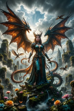 The Queen of the Sky Riders is a figure of great reverence and power among an ancient people who possess a unique bond with the extraordinary Druid Dragons. These dragons, rare and majestic creatures, embody a fusion of avian and draconic heritage, resulting in a breathtaking and awe-inspiring species.

The Queen, a regal and formidable leader, commands the respect and loyalty of her people as she soars through the skies atop her noble Druid Dragon. With grace and authority, she guides her winged companion, forming an unbreakable union between rider and mount.

The Queen's presence is marked by her striking attire, adorned with symbols of her lineage and the ancient traditions of the Sky Riders. Her garments reflect the magnificence of the dragons she commands, incorporating vivid colors and intricate designs that pay homage to the union of bird and dragon.

The Druid Dragons, with their ethereal beauty and powerful wings, epitomize the harmony between the elements of air and earth. Their bodies are adorned with vibrant plumage, reminiscent of avian feathers, while their scales shimmer with the iridescence of dragonkin.

As the Queen and her fellow Sky Riders traverse the heavens, the bond between rider and dragon becomes palpable. The Dragons' wings unfurl, casting magnificent shadows upon the land below as they soar through the clouds with a grace that belies their immense power.

The ancient tradition of the Sky Riders is steeped in reverence for nature and a deep spiritual connection with their winged companions. The Queen embodies these values, serving as a protector and advocate for the delicate balance between the human realm and the natural world.

The Queen of the Sky Riders and her Druid Dragons symbolize the embodiment of freedom, strength, and the harmonious coexistence between humanity and the natural realm. Through their mystical bond and majestic presence, they inspire awe and reverence, reminding all who behold them of the extraordinary wonders that can be achieved when humanity and nature unite as one.