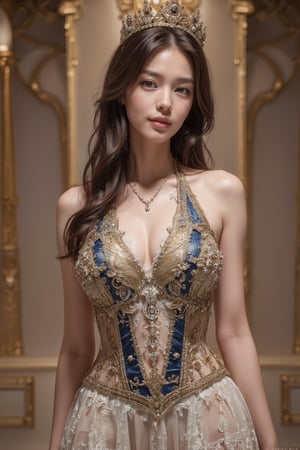 Create a highly detailed and leans towards a realistic yet stylized anime-inspired aesthetic, showcases a female character in an opulent, fantasy-inspired costume. The composition centers around the subject, a young woman adorned in a revealing gold and blue ensemble with intricate designs, emphasizing her curves. She wears a matching tiara and jewelry, enhancing her regal appearance. The background suggests a luxurious indoor setting with ornate gold decorations and soft, diffused lighting, creating an ethereal ambiance. The scene is rich in textures and depth, with finely detailed elements that contribute to its overall grandeur.