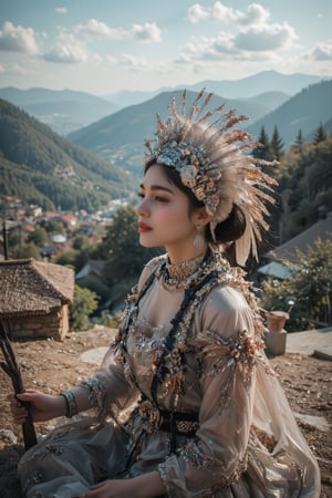 A young woman in a stunning silver headdress and traditional attire sits on a rooftop, her gaze directed towards the horizon. Her expression is one of joy and wonder, her smile radiating warmth and happiness. The background features a picturesque village nestled amidst rolling hills, creating a sense of tranquility and beauty. The scene is filled with a sense of cultural richness and a celebration of traditional dress. [Photorealistic portrait, inspired by the works of  Annie Leibovitz and  Steve McCurry], [Natural light, focus on the woman's face and her traditional attire, blurred background with a sense of depth, textured surfaces, a sense of cultural richness and beauty].